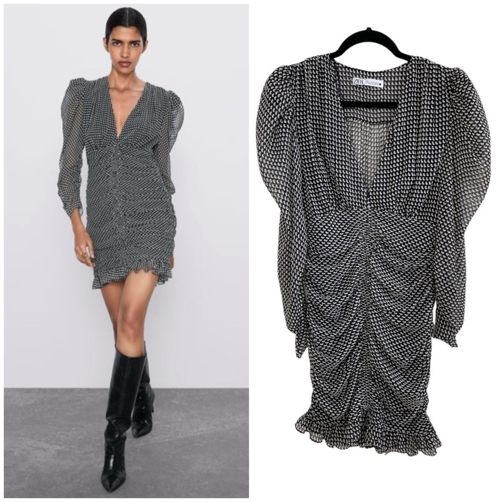 Zara Black and White Puff-Sleeve V-Neck Ruched Mini Dress